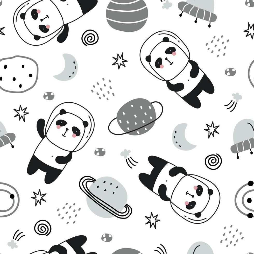 Fondo de animales de dibujos animados para niños de patrones sin fisuras con pandas flotando en el espacio y las estrellas. diseño dibujado a mano en estilo infantil, utilizado para telas, textiles, impresión de papel tapiz, decoración. vector