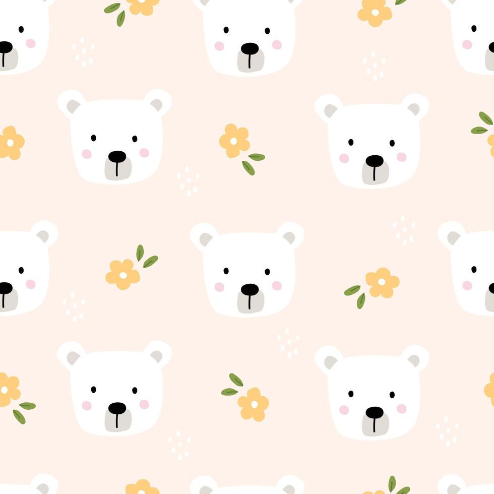 Fondo de animales de dibujos animados para niños cara de osos con flores patrón de vector transparente dibujado a mano en estilo infantil utilizado para impresión, papel tapiz, decoración, tela, textil.