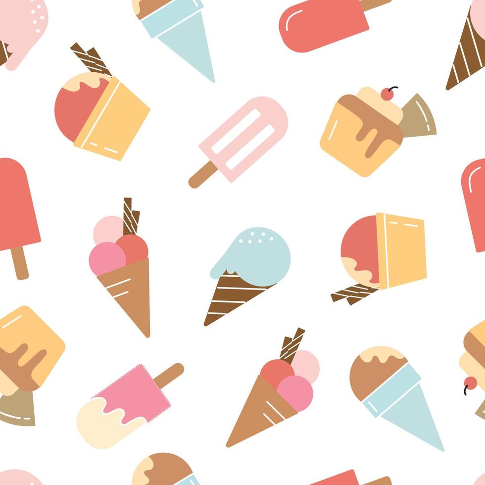 Fondo de helado para niños de patrones sin fisuras cono de helado diseño dibujado a mano en estilo de dibujos animados. uso para impresiones, fondos de pantalla, decoraciones, textiles, ilustración vectorial vector