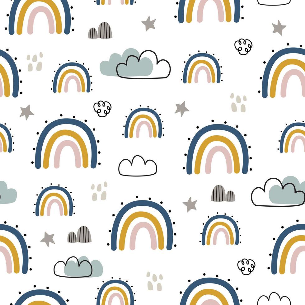 Rainbow and clouds seamless pattern hand drawn design in cartoon style Used for printing, children's decoration wallpaper, gift wrapping, children's clothing, textiles. vector illustration