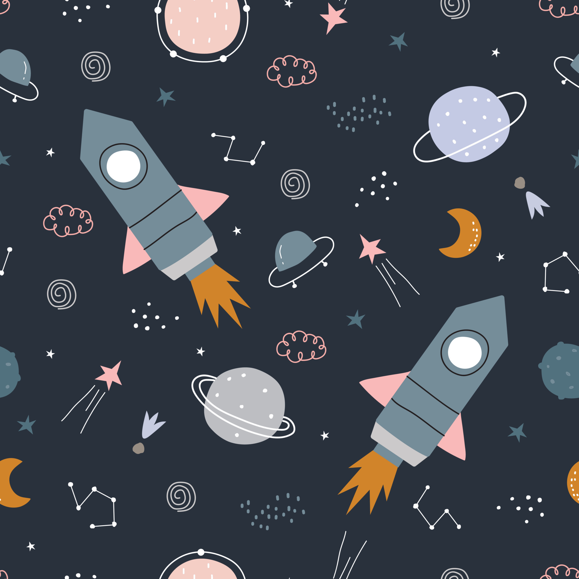 Space background illustration with stars and rocket Seamless vector pattern  hand-drawn in cartoon style used for print, wallpaper, decoration, fabric,  textile. 4257300 Vector Art at Vecteezy