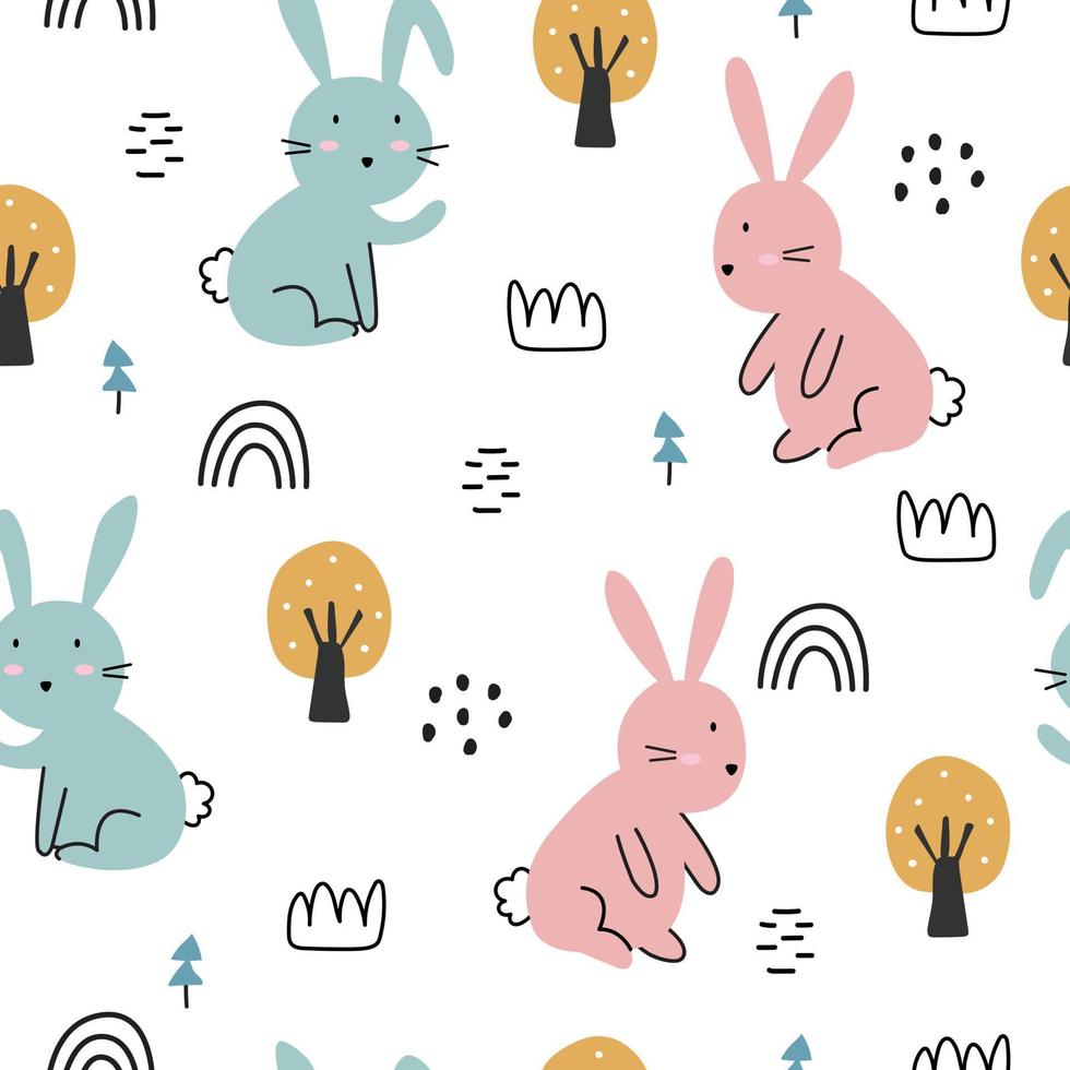 White rabbit with trees Seamless pattern cute cartoon animal background hand drawn in kid style The design used for Print, wallpaper, decoration, fabric, textile Vector illustration
