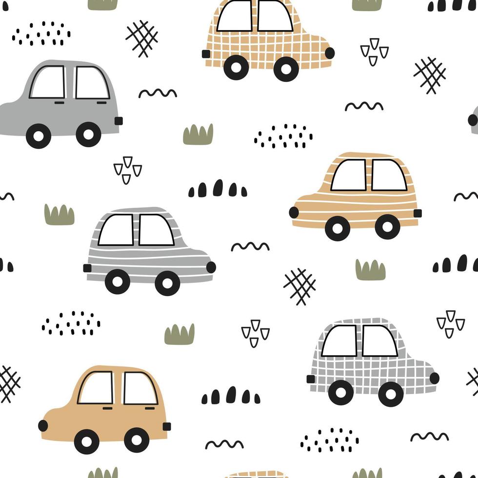 Fondo de transporte de dibujos animados para niños vector de patrones sin fisuras con diseño dibujado a mano de estilo infantil de coche de juguete utilizado para impresión, papel tapiz, ropa, textiles.