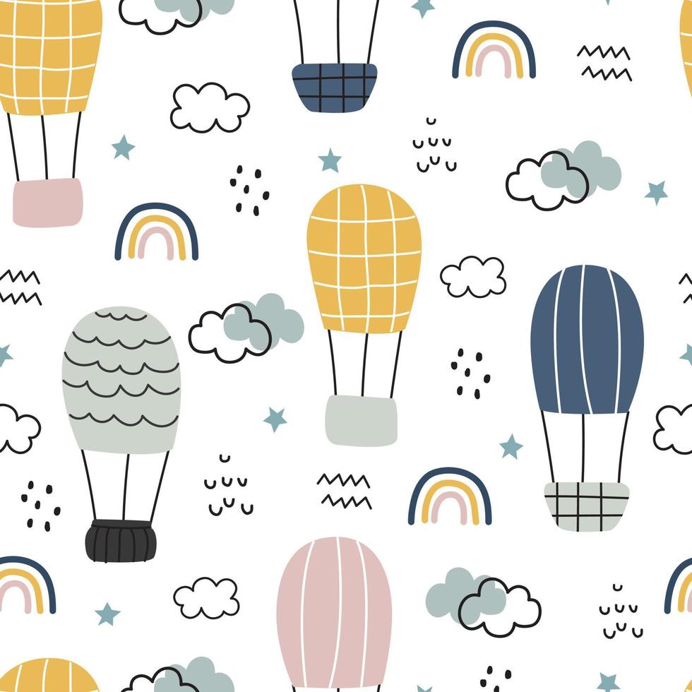 patrón de dibujos animados de fondo transparente globos flotan en el cielo con nubes y arco iris diseño dibujado a mano en estilo infantil. Úselo para impresiones, fondos de pantalla, decoraciones, textiles, ilustraciones vectoriales. vector