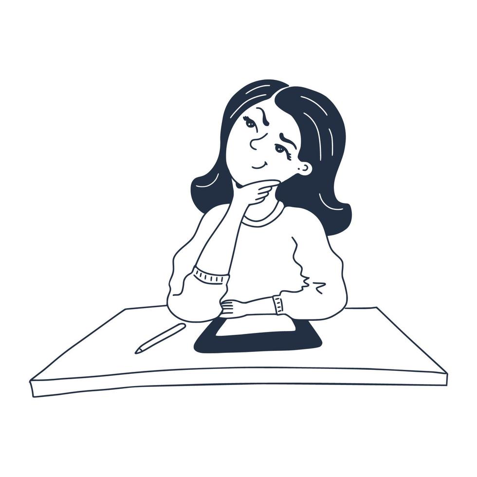 Thoughtful Young Woman. Thinking girl. Line art style. Freelance illustrator problem solving concept. vector