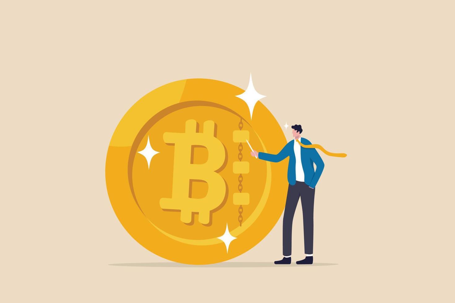 What is Bitcoin and blockchain technology, knowledge or crypto currency technology, blockchain class and education concept, businessman expert explain blockchain technology on golden Bitcoin coin. vector