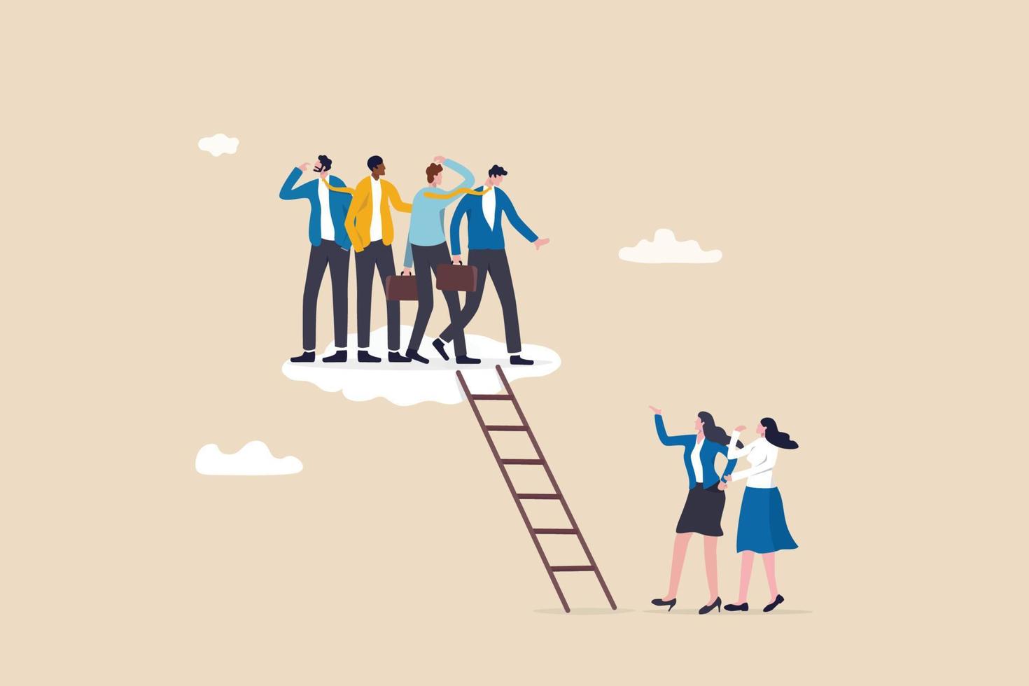 Gender gap, male domination in company executive board, unequal or unfair, inequality in management position, businessmen climb up ladder up the cloud with no space left for woman female colleagues. vector