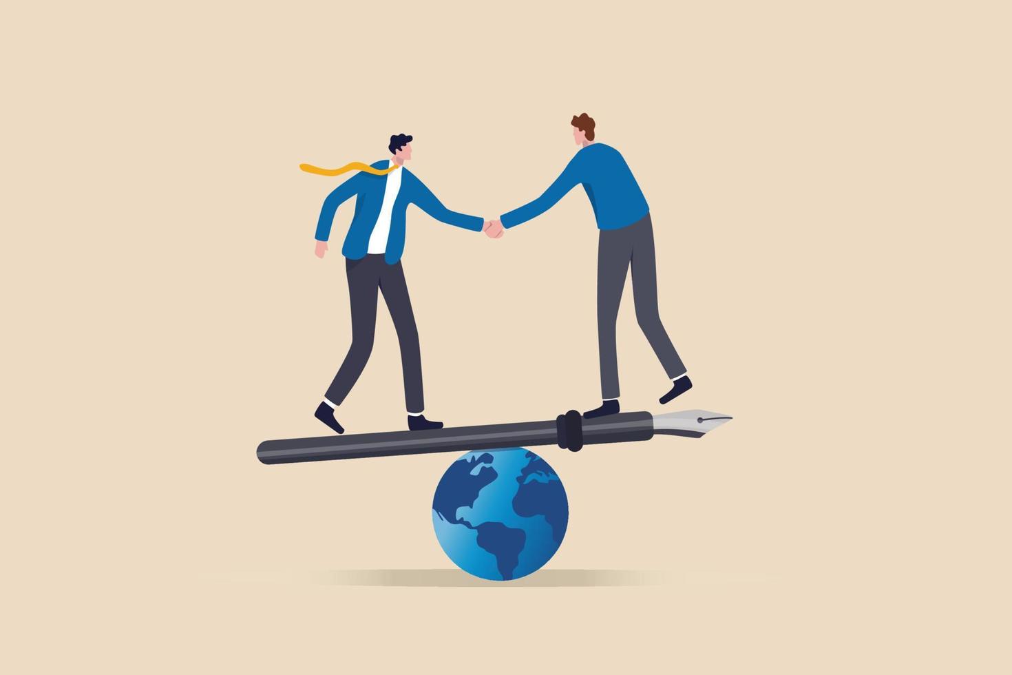 Diplomacy, world agreement or treaty between countries, global partnership, politics or world peace contract signing concept, businessman world leader handshake on fountain pen seesaw on world globe. vector