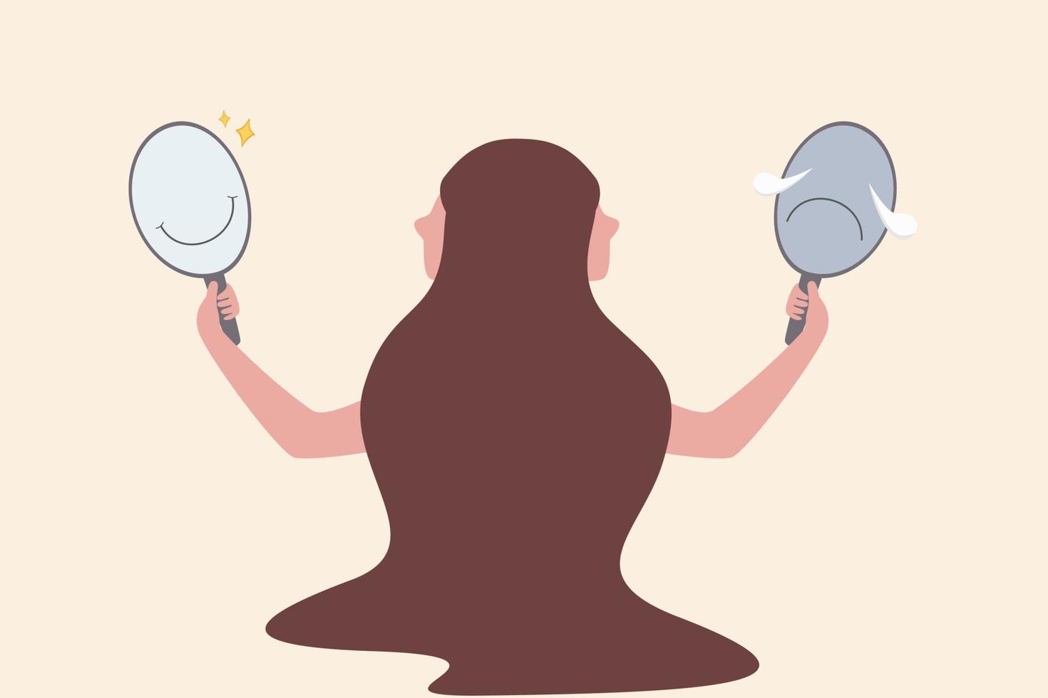 Bipolar disorder is mental illness, mixed emotion between happiness and sadness express conflict personality, patient need regular psychology therapy, woman hold mirrors with happy and sad reflection. vector