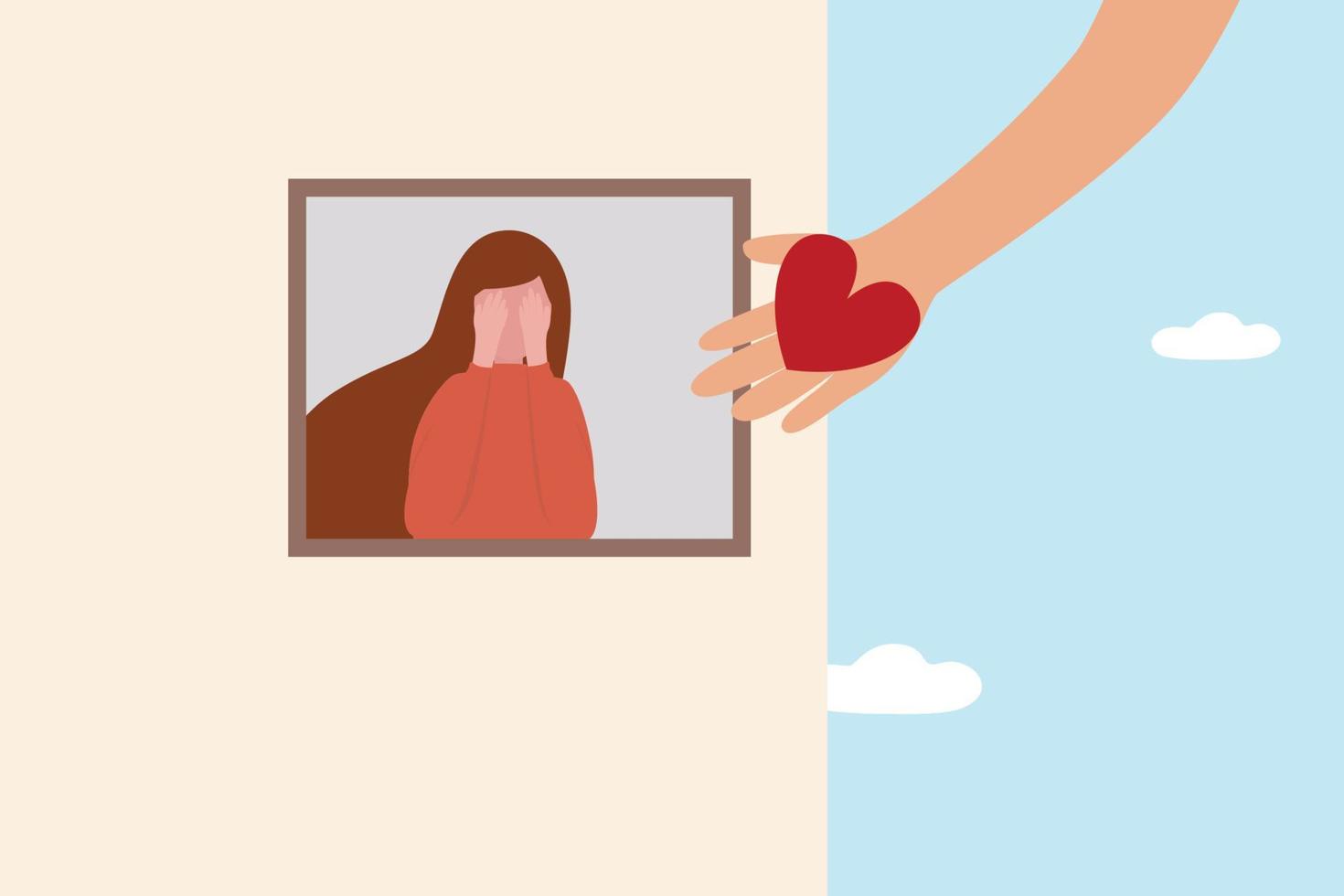 Empathy and compassion bring positive emotion from people suffer depression, calm anxiety and stress, and improve mental health and grief, hand offer heart or help to sad and unhappy woman at window. vector