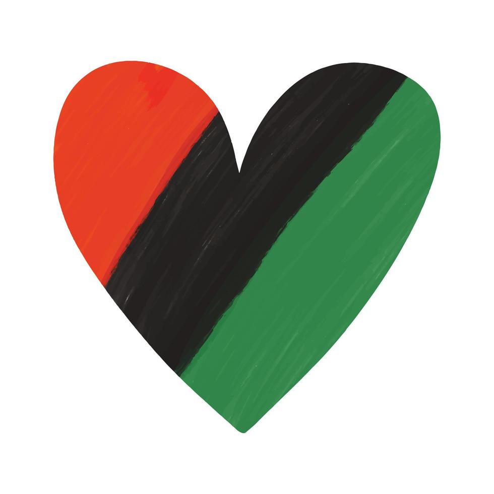 Hand drawn with brush artistic grunge textured heart in colors of Pan African flag - red, black, green. African American flag for Kwanzaa, Juneteenth, Black History month design vector