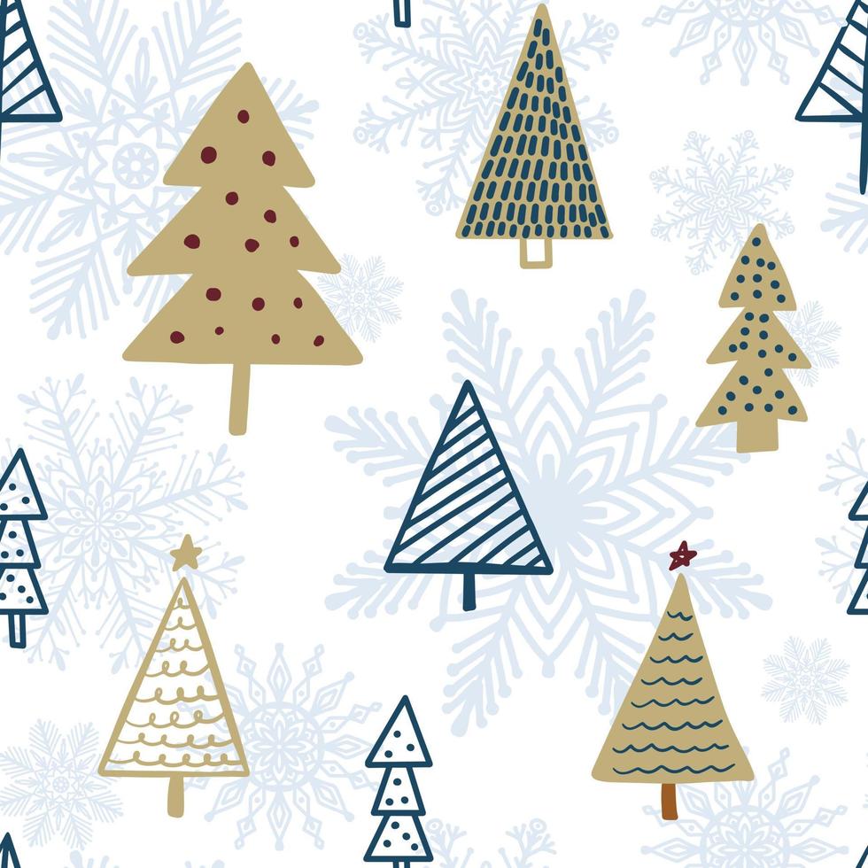 Lindo patrón sin costuras infantil de vacaciones de temporada de invierno con doodle de árbol de Navidad dibujado a mano minimalista escandinavo y copos de nieve en el fondo. hermoso diseño de fondo dulce niños año nuevo vector