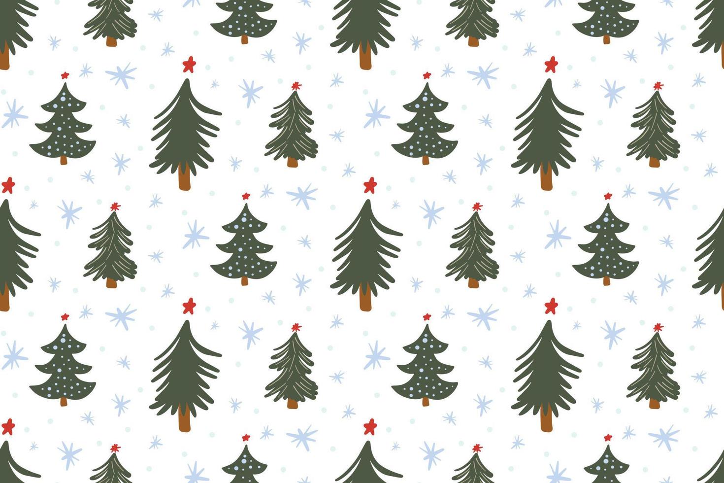 Cute winter seamless pattern background with Christmas tree simple doodles and snowflakes in childish hand drawn style. Seasonal New Year holiday festive backdrop texture, print vector