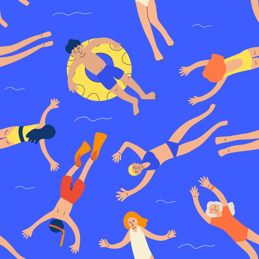 Seamless pattern with swimming people on a blue background vector