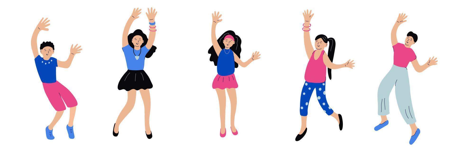 Set of dancing people. Cheerful boys and girls, teens. Blue, pink and black colors. Funny characters vector