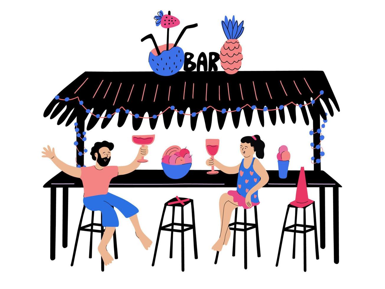 Vacation and social distancing. People drink and talk in the beach bar. Public safety in pandemic time. Keep the distance concept vector