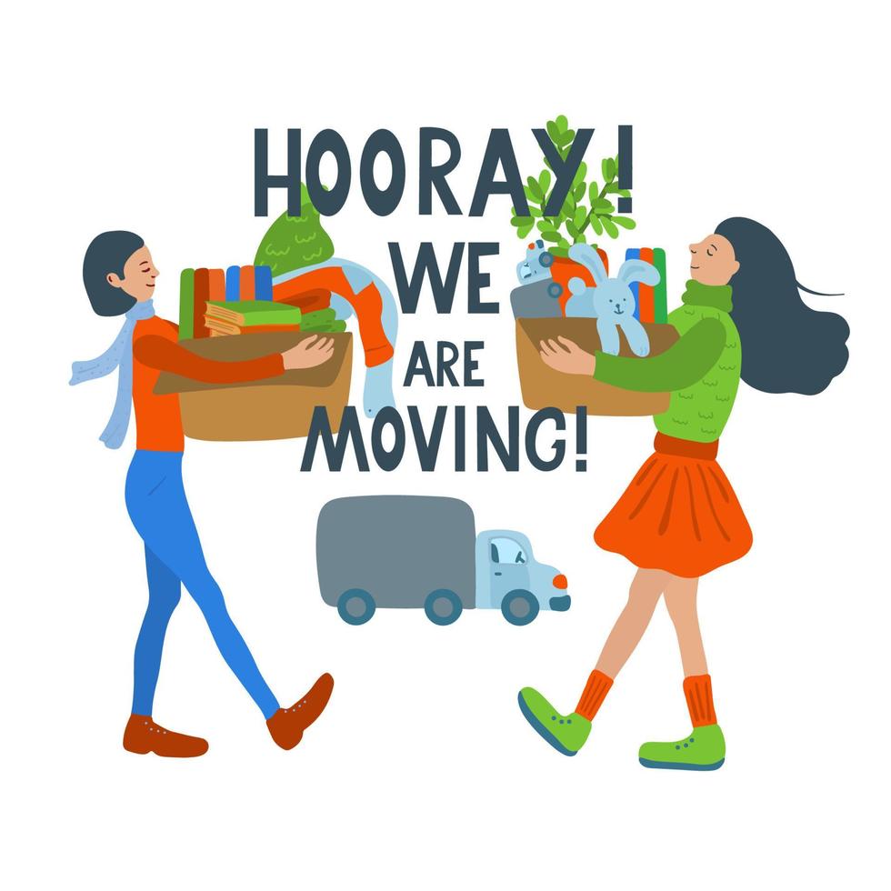 We are moving. Poster with two happy women moving in a new home. vector