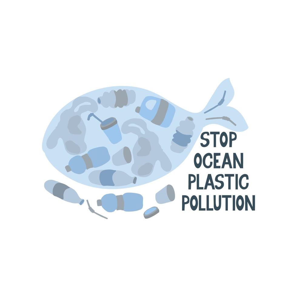 Stop ocean plastic pollution. Lettering and silhouette of whale full of plastic trash vector