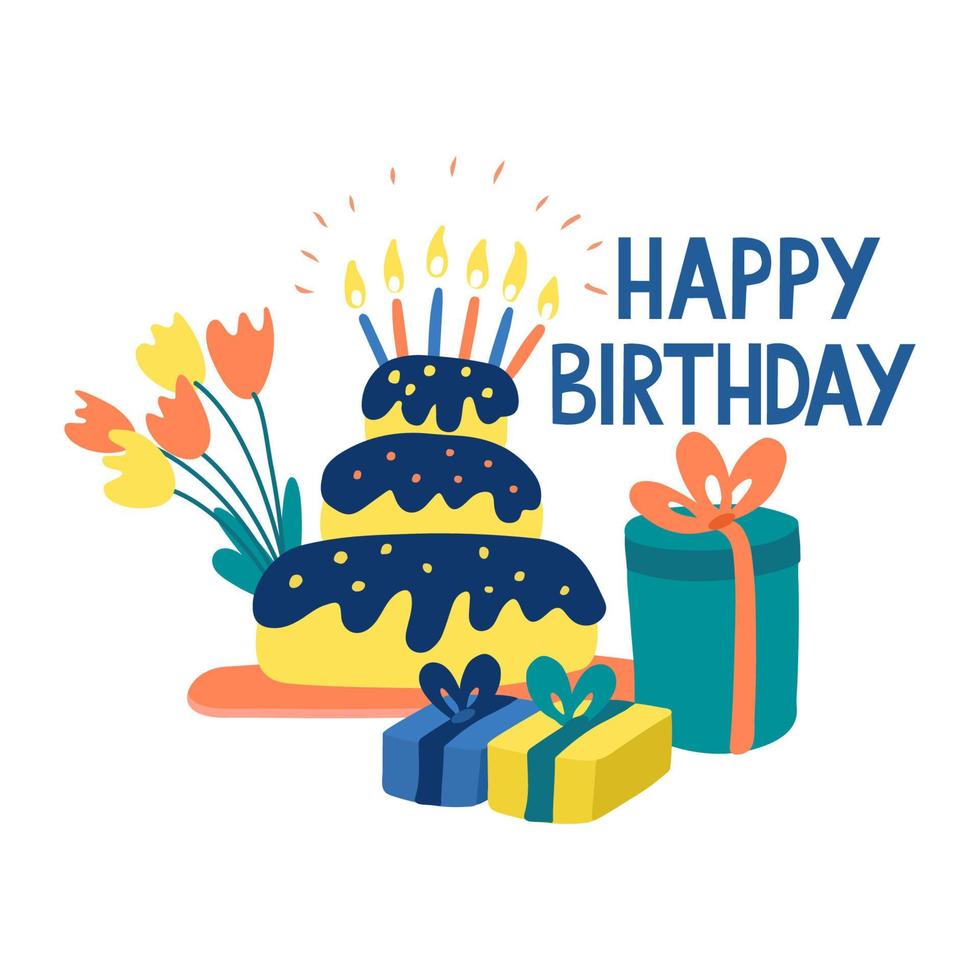 Birthday cake with shining candles. Gift boxes and bouquet of tulips flowers. Happy birthday hand drawn lettering vector
