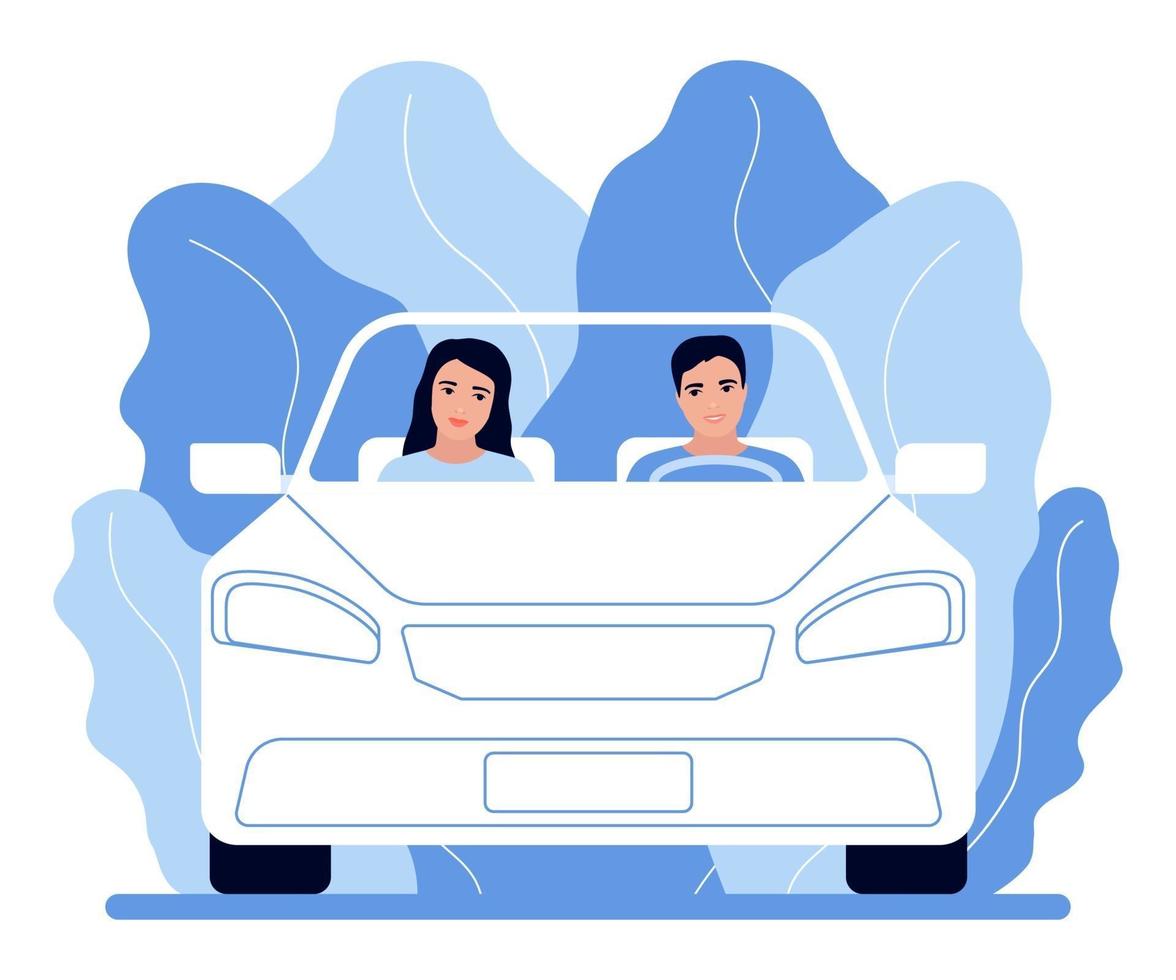 pareja de personas viaja en coche, viaje por carretera a la naturaleza. el hombre y la mujer de familia están conduciendo por la carretera. viaje. ilustración vectorial vector