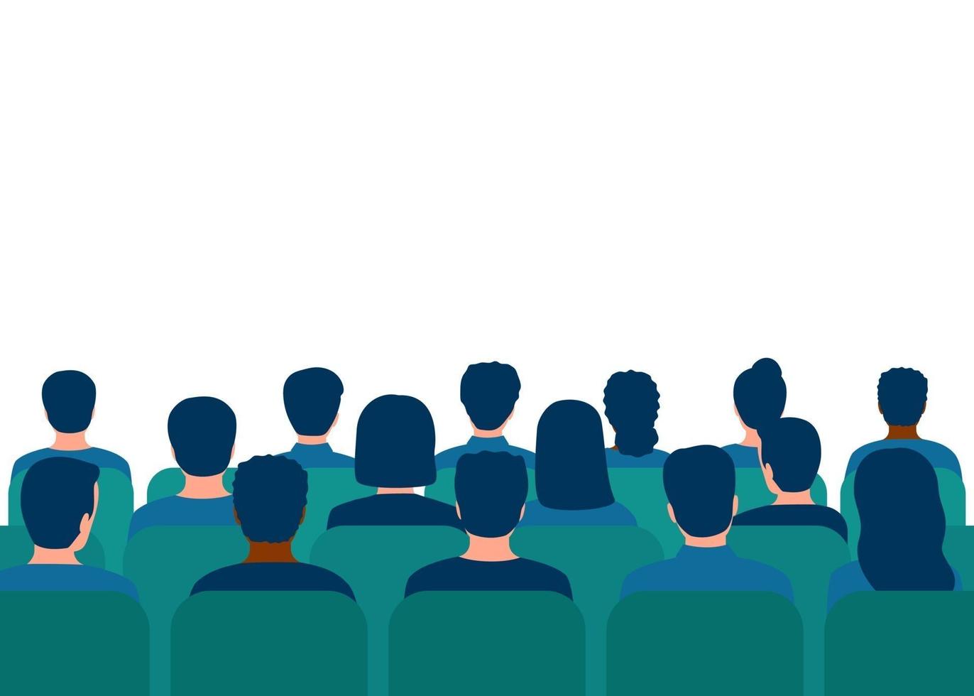 Conference with audience in hall. People spectators. People audience back view. Students on lecture, seminar education. Vector illustration