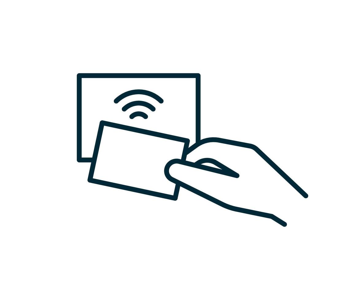 tarjeta de pago con tecnología contactless para compras a través de nfc, rfid, icon line. signo de transacción de pago inalámbrico. pago en caja con tarjeta de crédito. ilustración vectorial vector