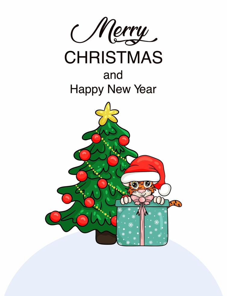 Cute cartoon tiger with gift in Santa hat, next to a Christmas tree. Symbol of the year according to the Chinese calendar. Christmas card. Vector illustration