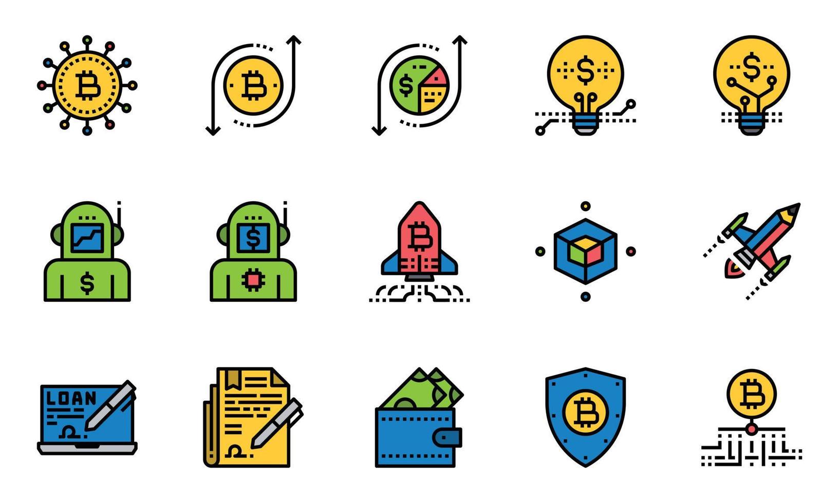 color de línea de los iconos de la industria financiera, robot, billetera, puesta en marcha vector