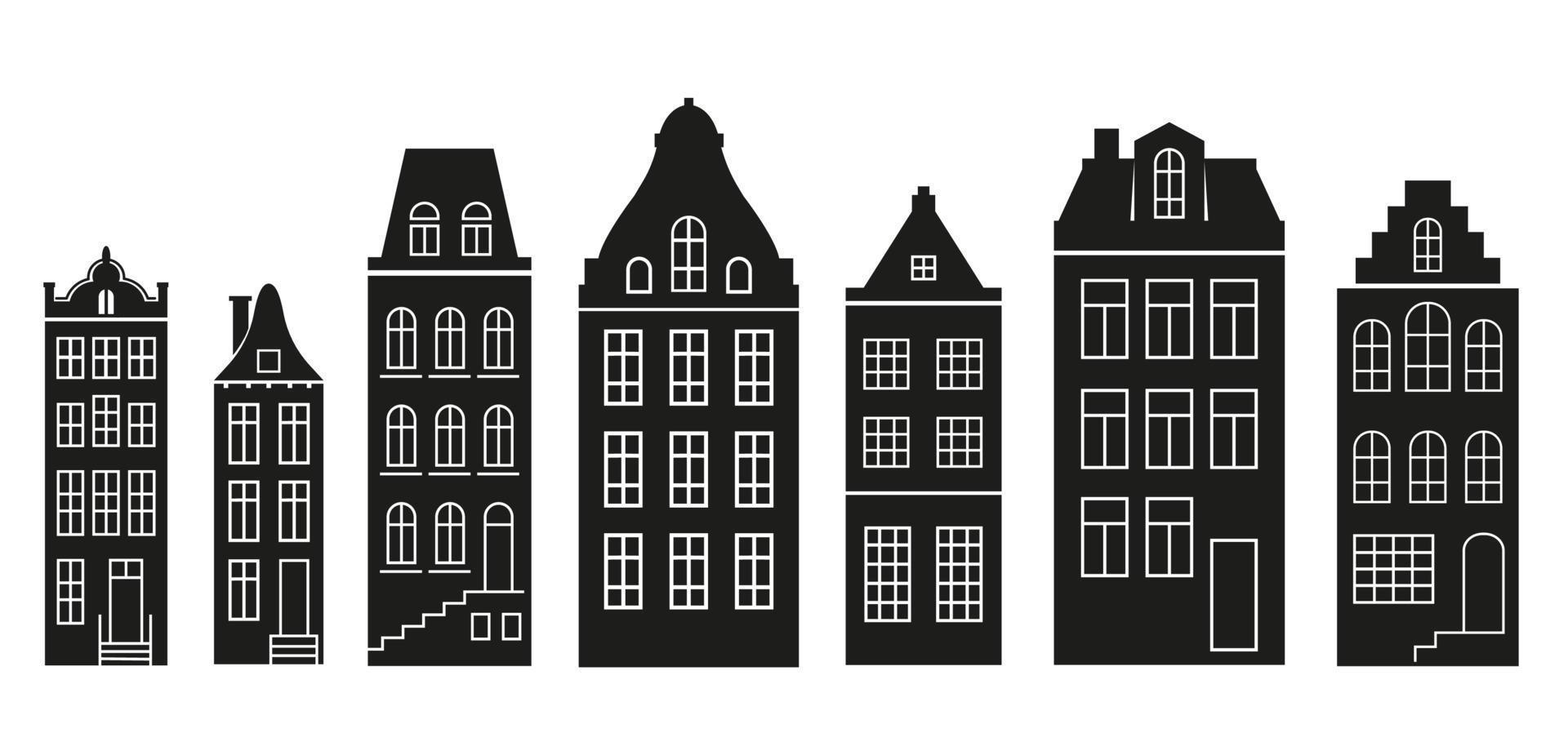 silueta de una hilera de casas de estilo amsterdam. fachadas de edificios antiguos europeos para decoración navideña. conjunto de vectores