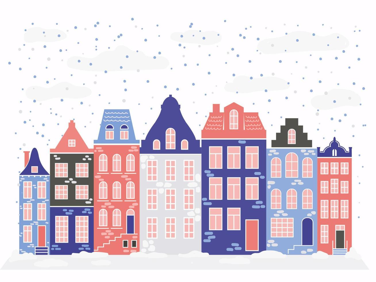 hilera de casas de estilo amsterdam. fachadas de edificios antiguos europeos para decoración navideña. vector ilustración plana