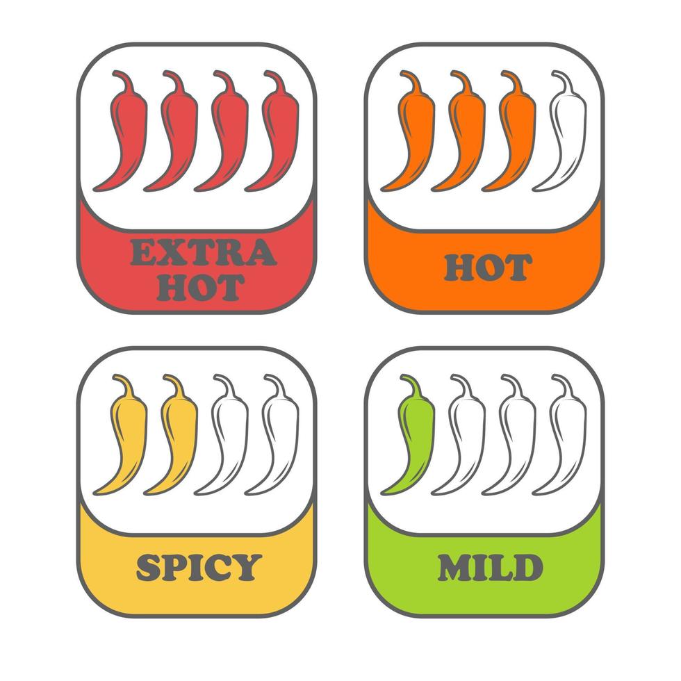 niveles de especias de pimienta. Signo de pimiento picante para envasar comida picante. pegatinas de salsa de pimienta. vector