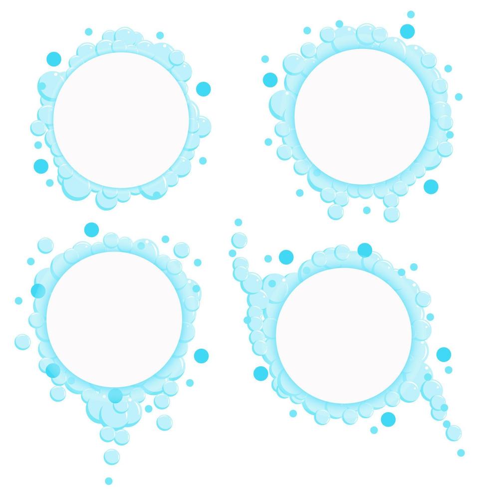 Cartoon soap bubbles frame. Blue foam suds isolated on white background. Vector set. Place for text