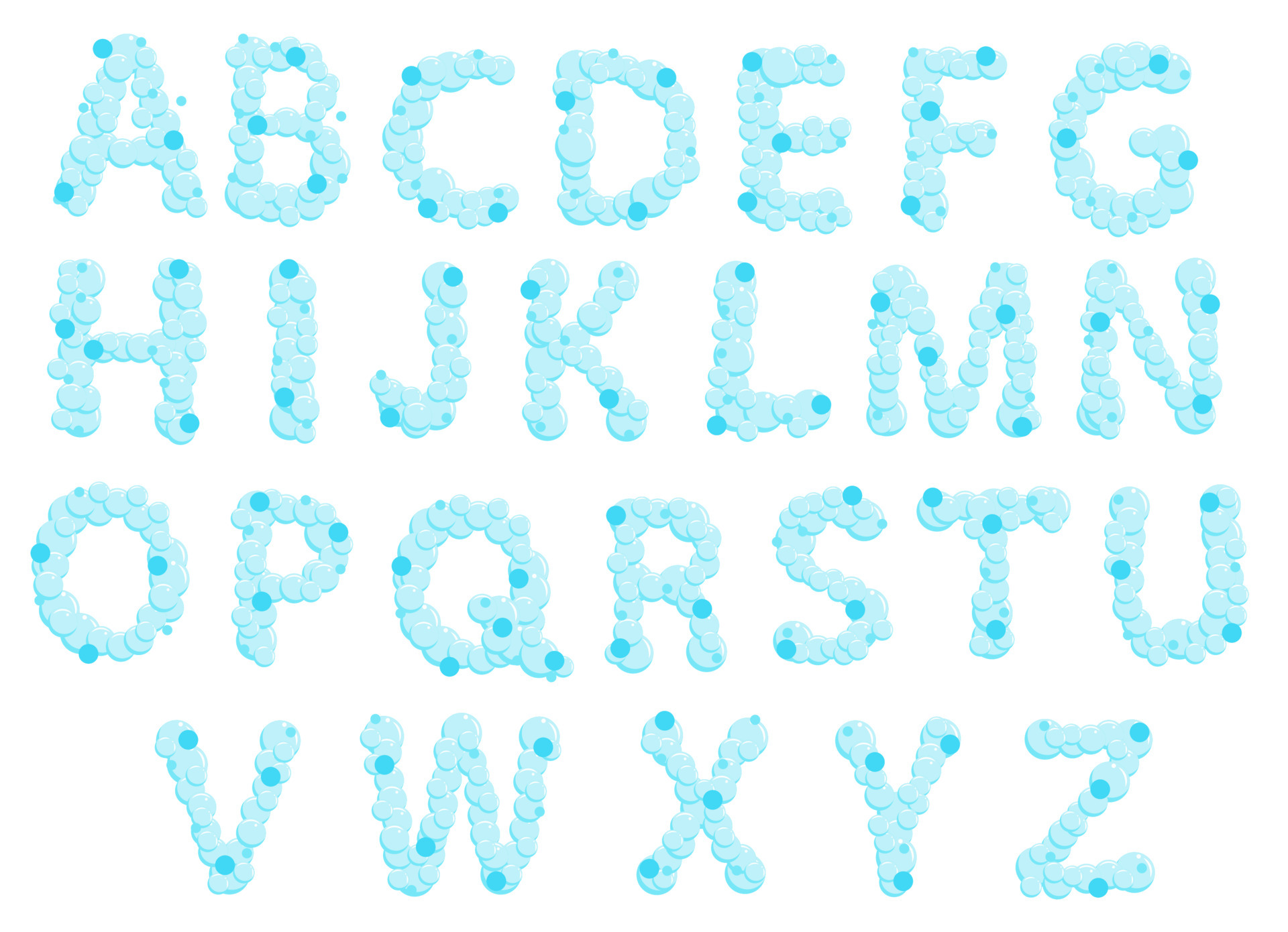 Alphabet of soap bubbles. Water suds letters. Cartoon vector font