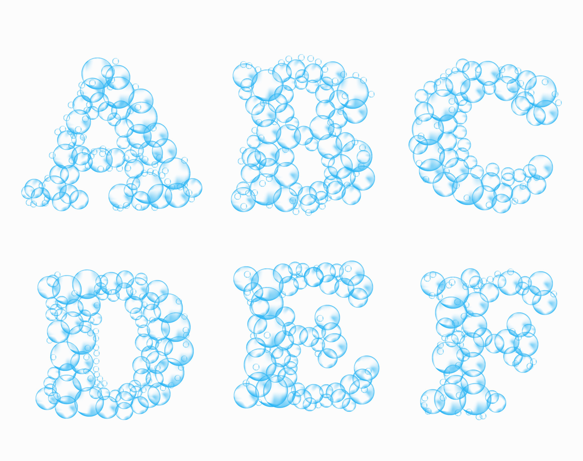 Alphabet of soap bubbles. Water suds letters a, b, c, d, e, f