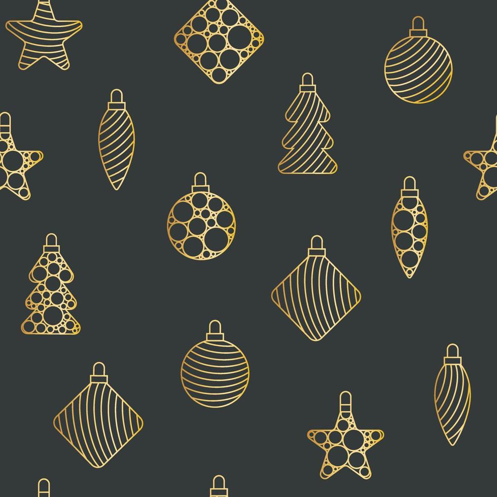 Golden Christmas toys on a dark background seamless festive pattern vector