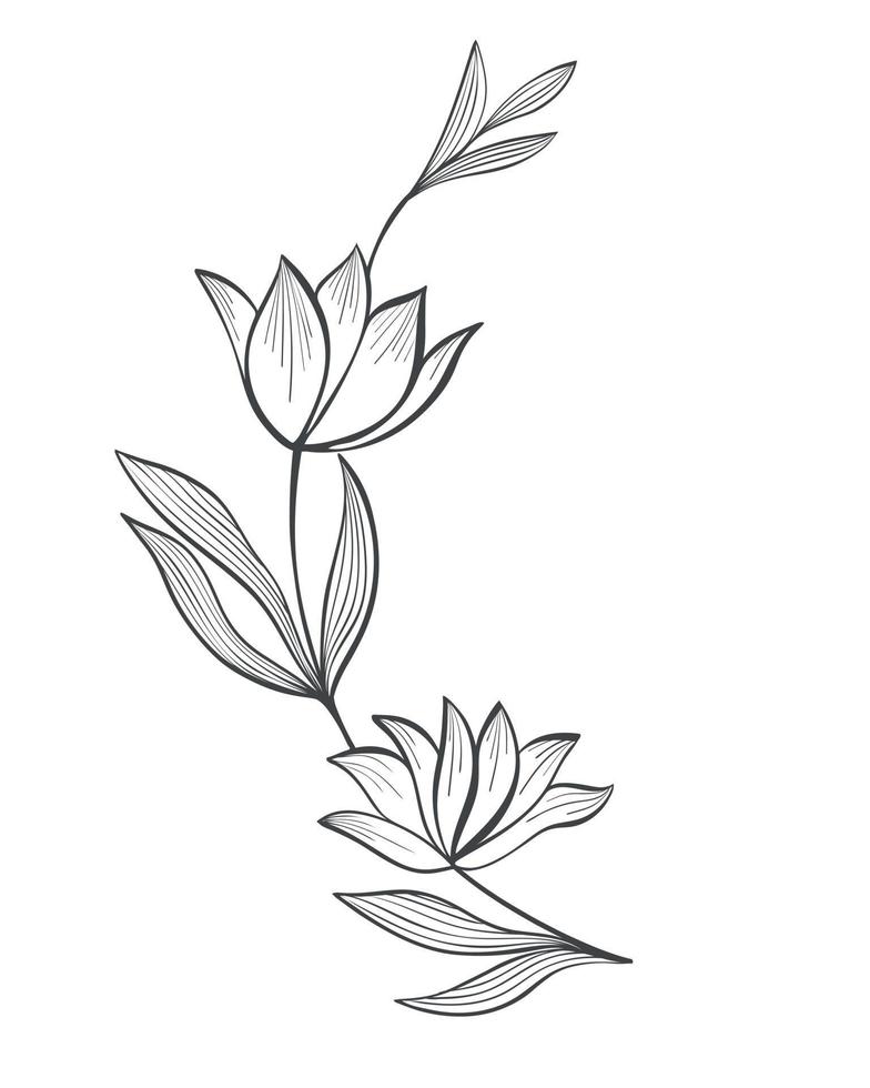 Abstract flowers on a branch with leaves handmade sketch vector