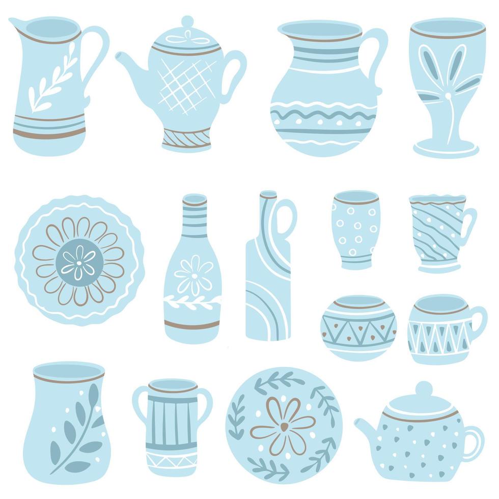Ceramic blue tableware set vector
