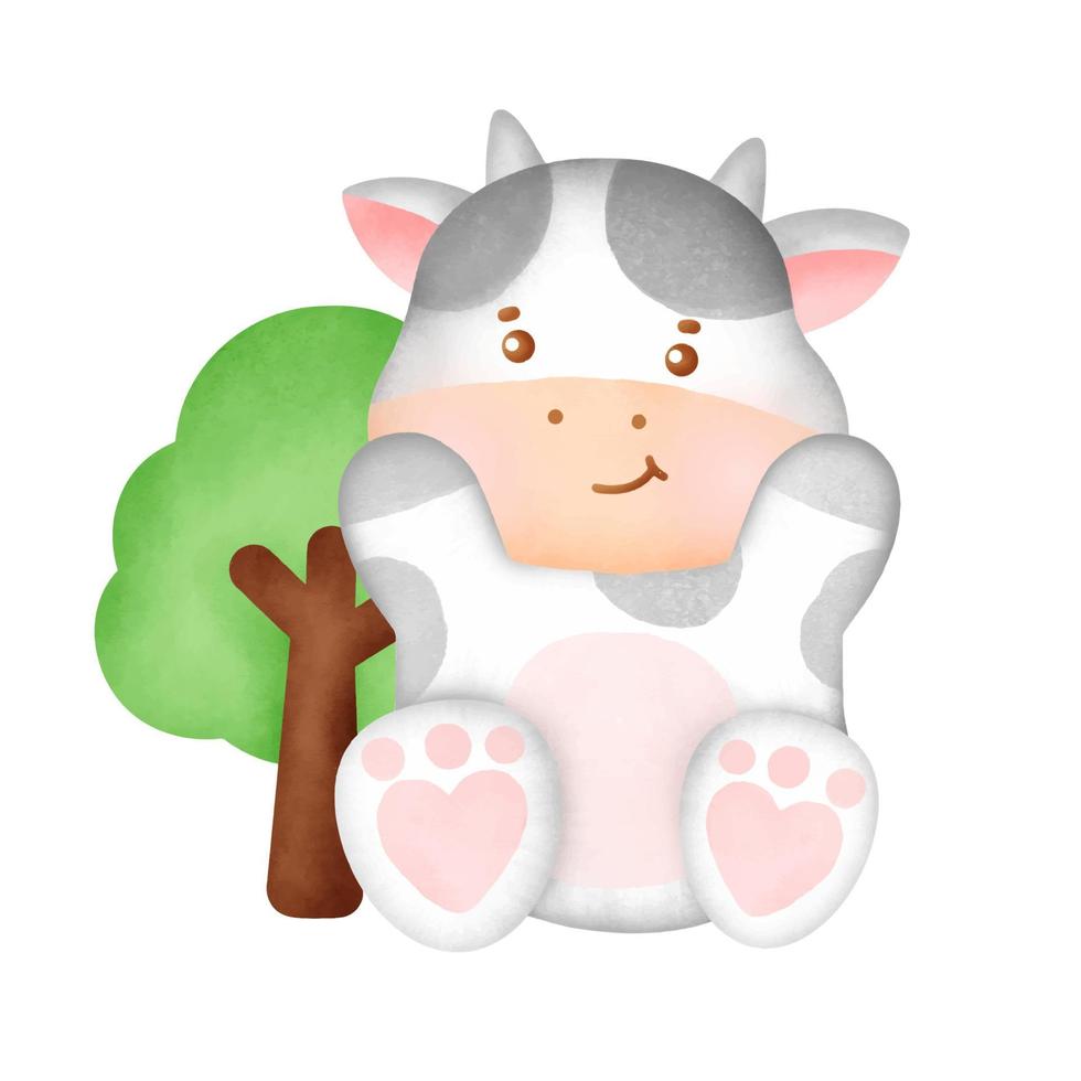 Hand drawn watercolor cute cow character. vector