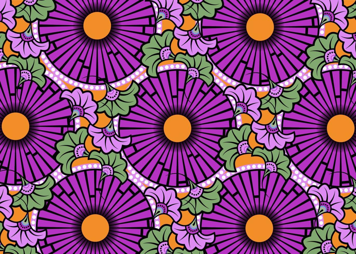 tela de estampado de cera africana, adornos étnicos hechos a mano para su diseño, flores étnicas afro y elementos geométricos de motivos tribales. textura colorida del vector, fondo del estilo de la moda de Ankara de la materia textil de África vector