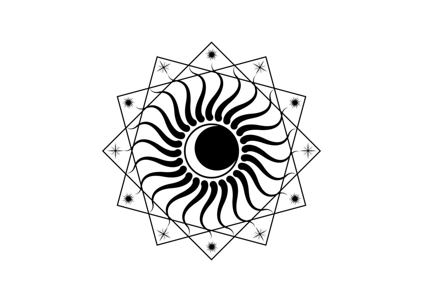 plantilla de logotipo de luna y sol, icono de wicca de geometría sagrada, símbolo de rayos radiales, concepto de estilo de tatuaje de dios y diosa, simbología masónica, vector aislado sobre fondo blanco