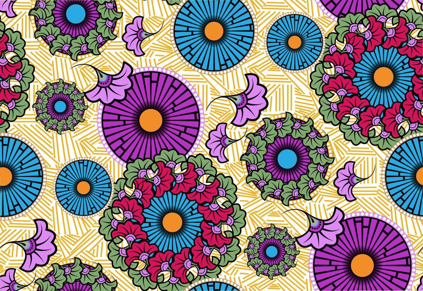 tela de impresión de cera africana sin costuras, diseño de moda de adornos étnicos hechos a mano, flores étnicas afro y elementos geométricos de motivos tribales. textura colorida del vector, fondo del estilo de ankara de la materia textil de África vector