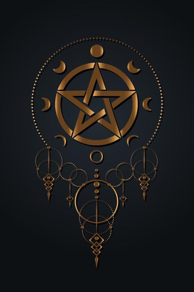 Pentacle circle symbol and Phases of the moon. Boho style Wiccan symbol, full moon, waning, waxing, first quarter, gibbous, crescent, third quarter. Vector mystic logo isolated on black background