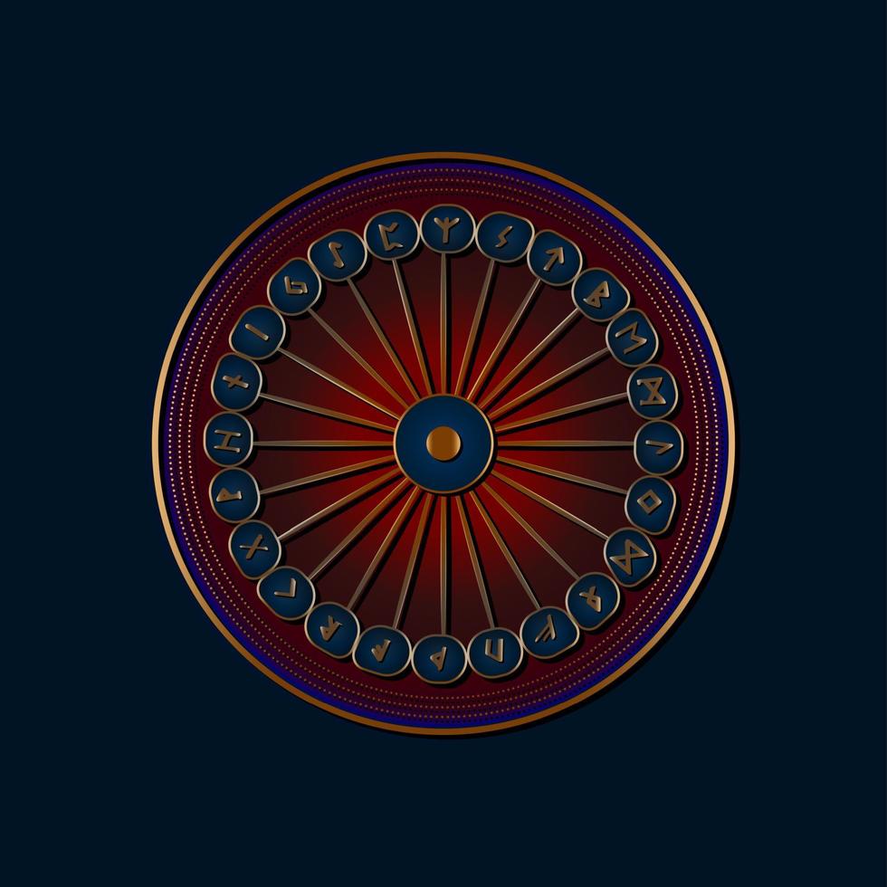 Set of old Norse runes circles. Gold Runic wheel alphabet, Futhark. Ancient occult Viking characters letters, rune font. Golden Sacred compass Old Norse writing. Vector isolated on blue background
