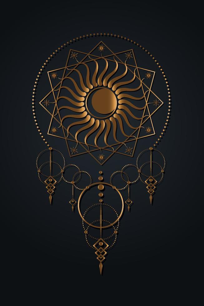 plantilla de logotipo de luna y sol, geometría sagrada, estilo boho, icono de wicca de oro, símbolo de rayos radiales, concepto de estilo de tatuaje de dios y diosa, simbología masónica, vector aislado sobre fondo negro