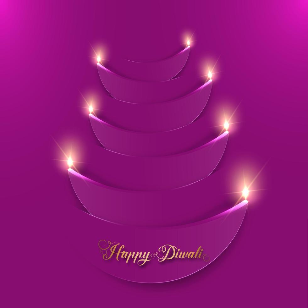 Happy Diwali. Paper Graphic of Indian Diya Oil Lamp Design. The Festival of Lights. Vector illustration purple background