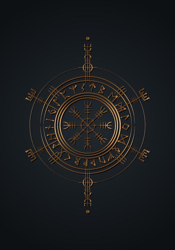 Viking Pagan Asatru Runic Compass, Vegvisir Rune Circle Viking Norse Mythology. Golden Protective talisman. Magical Navigator Compass for the wandering. Vector isolated on black background