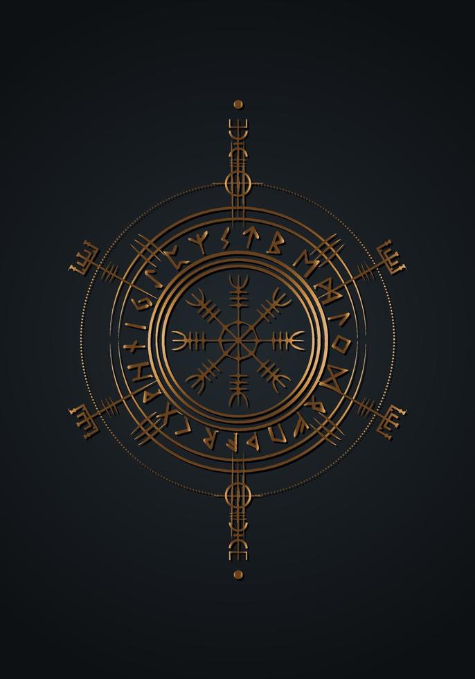 brújula rúnica vikinga asatru pagana, círculo rúnico vegvisir mitología nórdica vikinga. talismán protector dorado. brújula mágica del navegador para los vagabundos. vector aislado sobre fondo negro