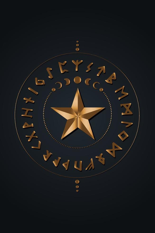 Set of old Norse runes circles. Runic alphabet wheel, Futhark. Gold Ancient occult Viking letters, rune font. Old Norse writing. Moon phases and wind rose compass. Vector isolated on black background