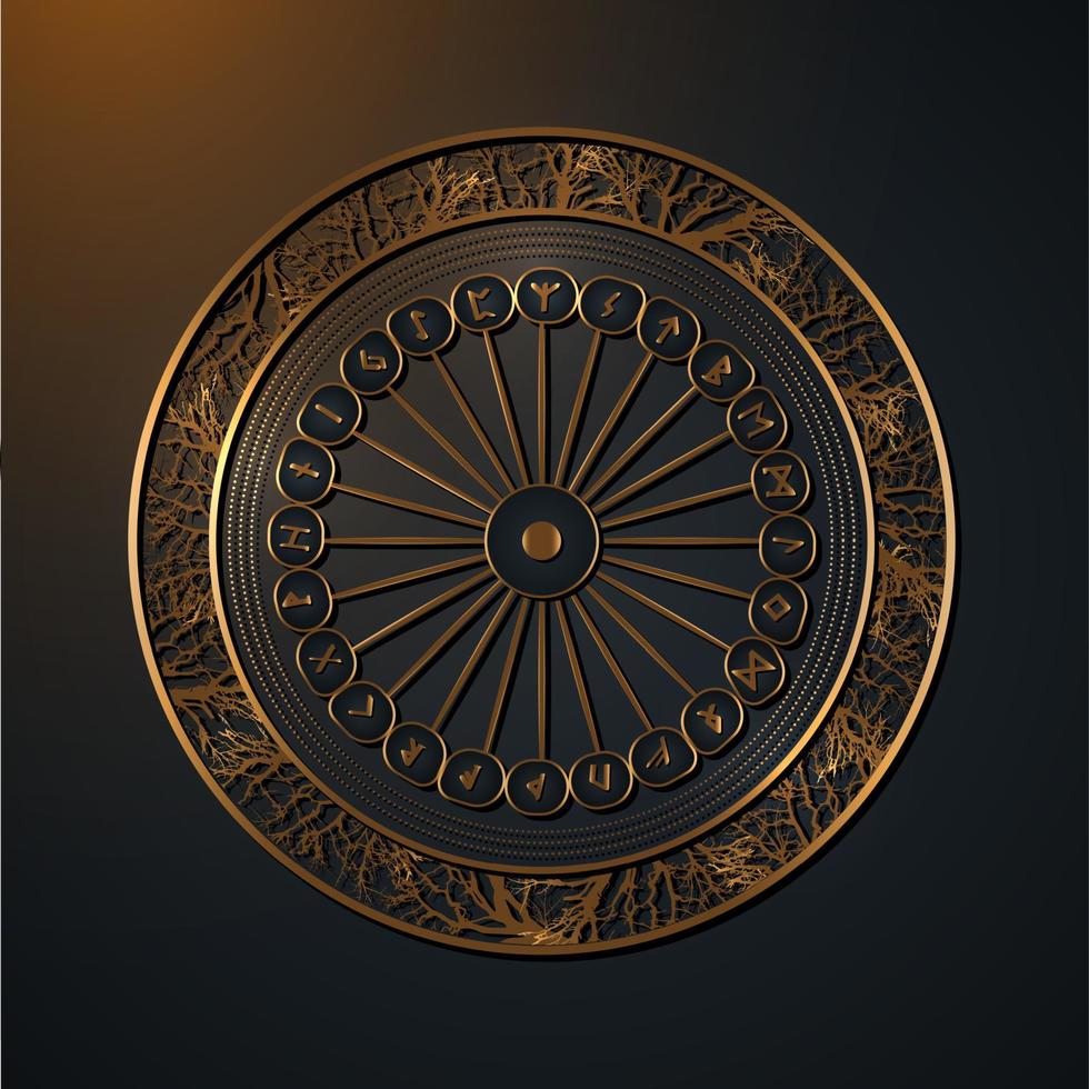Set of old Norse runes circles. Gold Runic wheel alphabet, roots frame, Futhark. Ancient occult Viking letters, rune font. Golden Sacred compass Old Norse writing. Vector isolated on black background