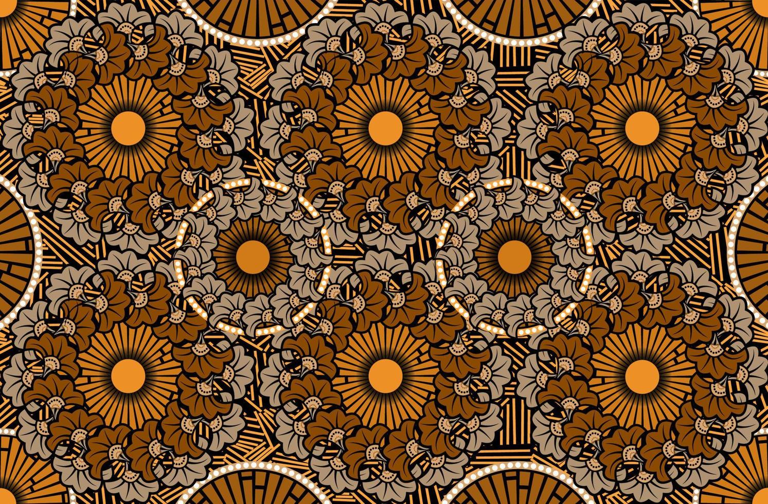 African Wax Print fabric, Ethnic handmade ornament fashion design, Afro Ethnic flowers and tribal motifs geometric elements. Vector brown color texture, Africa textile Ankara style background